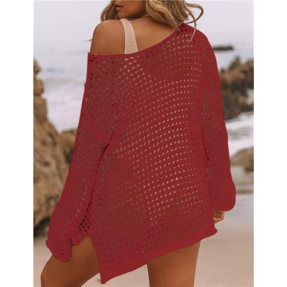 Crochet Cover Ups Sexy Hollow Out Red - Picture 4 of 4
